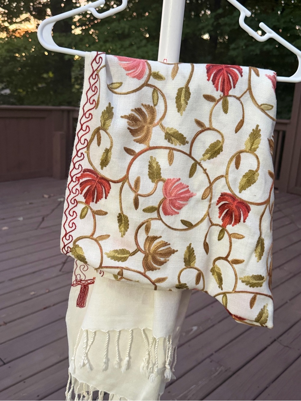 Embroidered Floral Cream Shawl Scarf  new with tags north India warm handwork